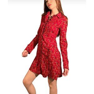 Vtg Y2K Free People Red Floral Button-Front Tunic Dress With Long Sleeves Size 8